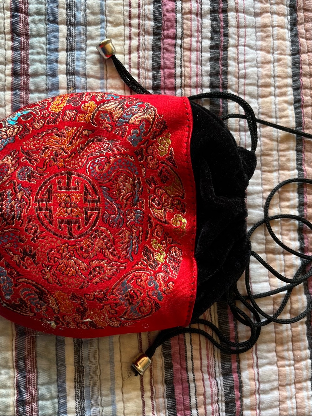 Red Brocade Drawstring Crossbody Pouch Bag Asian Inspired Vintage Style